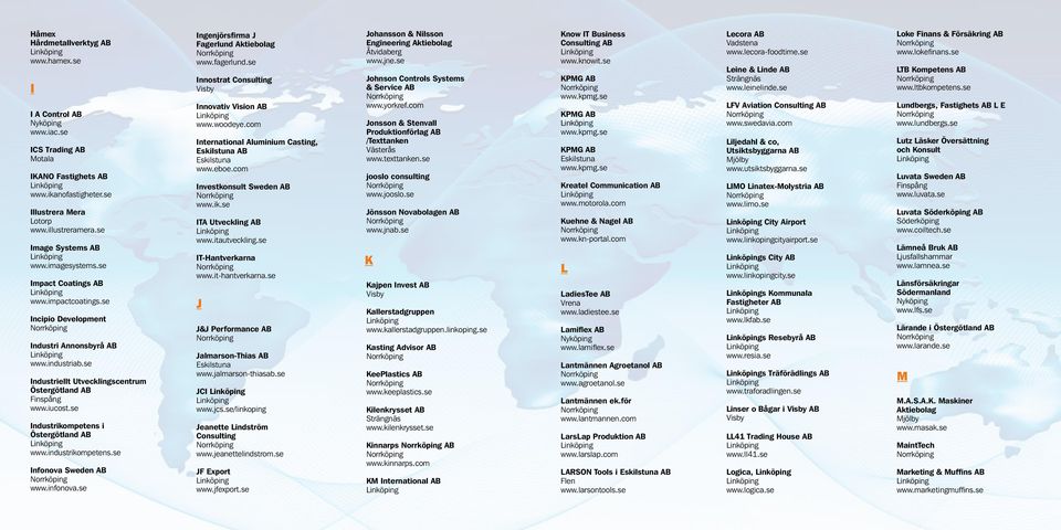 se Industrikompetens i Östergötland AB www.industrikompetens.se Infonova Sweden AB www.infonova.se Ingenjörsfirma J Fagerlund Aktiebolag www.fagerlund.se Innostrat Consulting Innovativ Vision AB www.