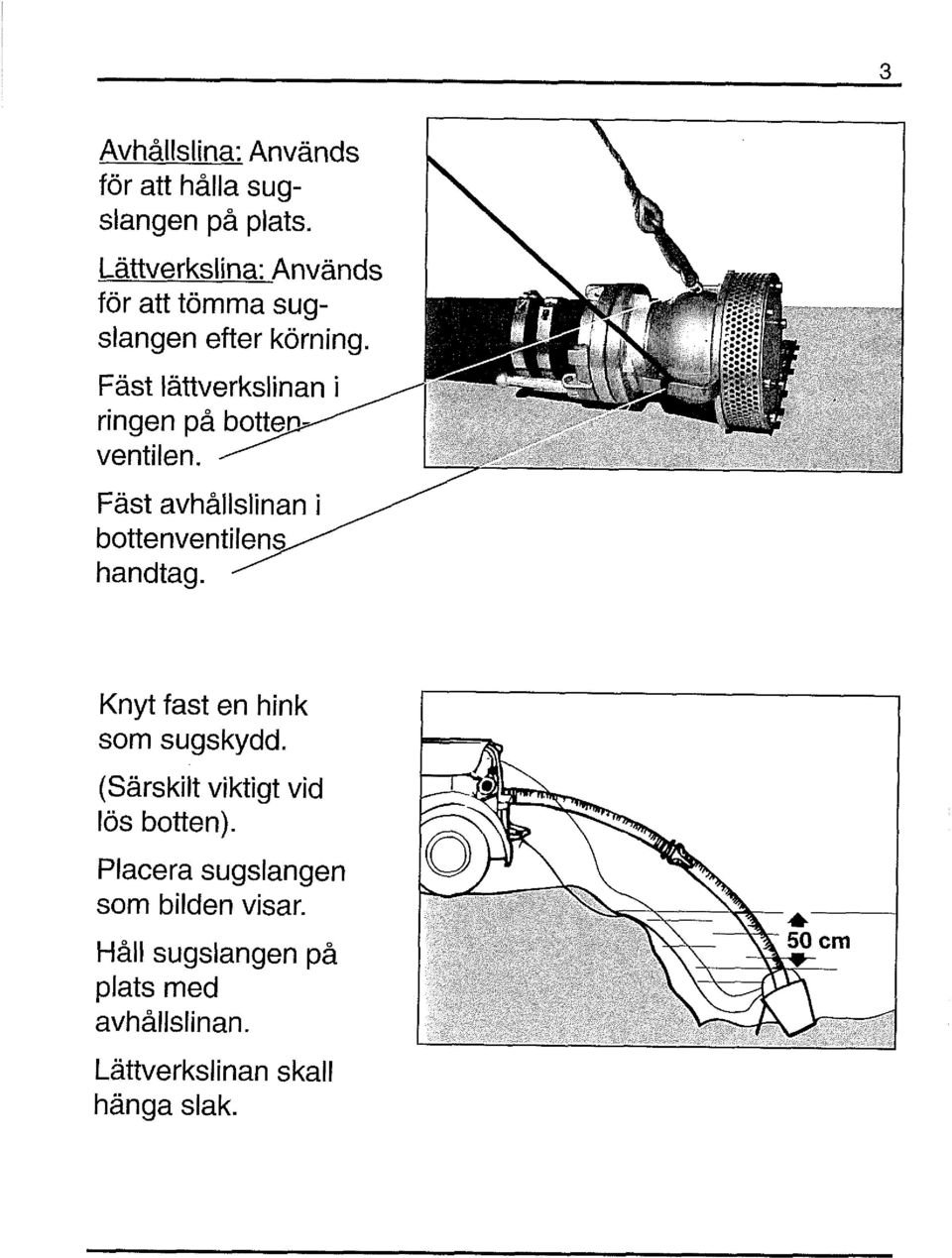 Fast lättverkslinan i ringen på ventilen. Fäst avhållslinan i handtag.