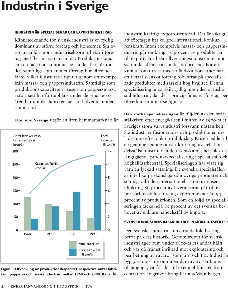 Produktionskapaciteten har ökat kontinuerligt under flera årtionden samtidigt som antalet företag blir färre och färre, vilket illustreras i figur 1 genom ett exempel från massa- och pappersindustrin.