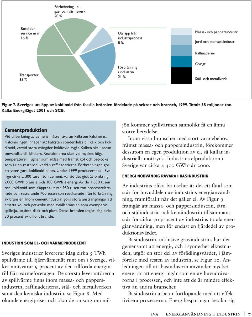 Cementproduktion Vid tillverkning av cement måste råvaran kalksten kalcineras. Kalcineringen innebär att kalksten sönderdelas till kalk och koldioxid, varvid stora mängder koldioxid avgår.