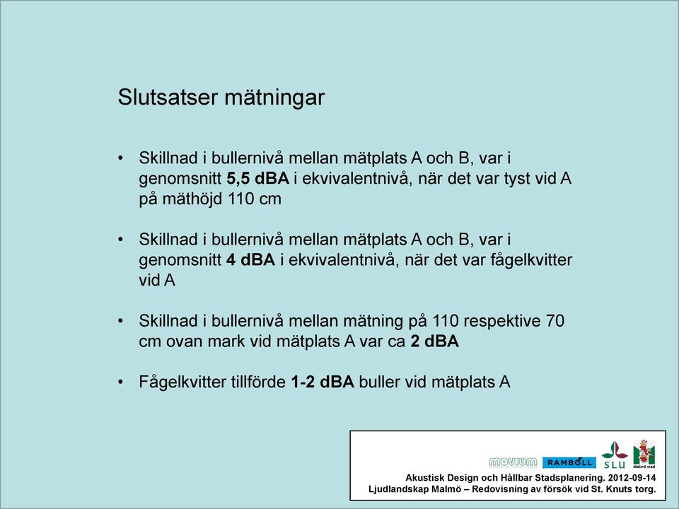 var i genomsnitt 4 dba i ekvivalentnivå, när det var fågelkvitter vid A Skillnad i bullernivå mellan