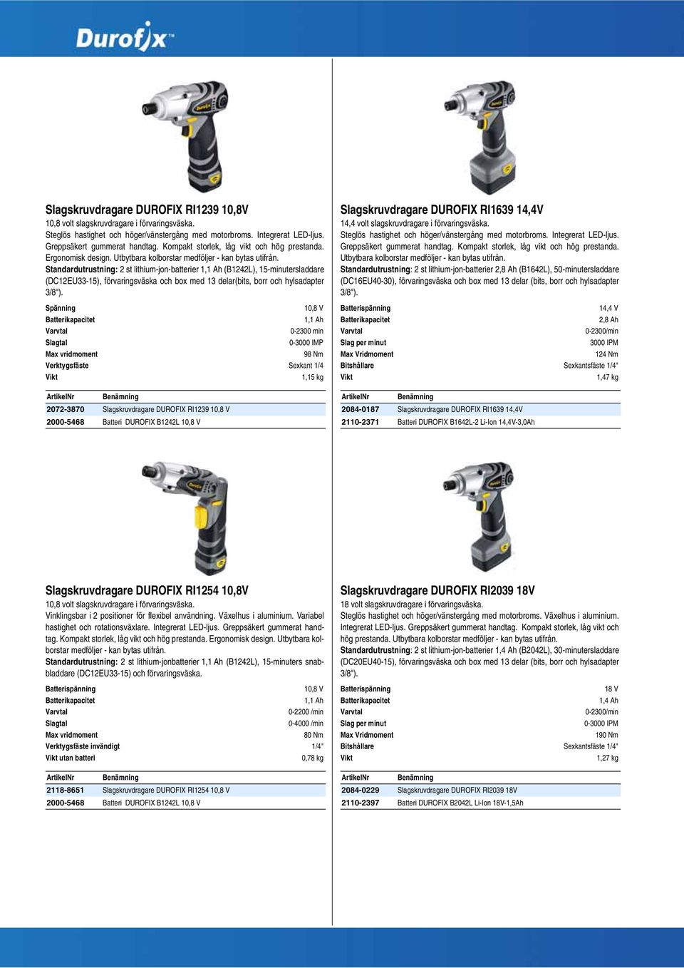 Standardutrustning: 2 st lithium-jon-batterier 1,1 Ah (B1242L), 15-minutersladdare (DC12EU33-15), förvaringsväska och box med 13 delar(bits, borr och hylsadapter 3/8").