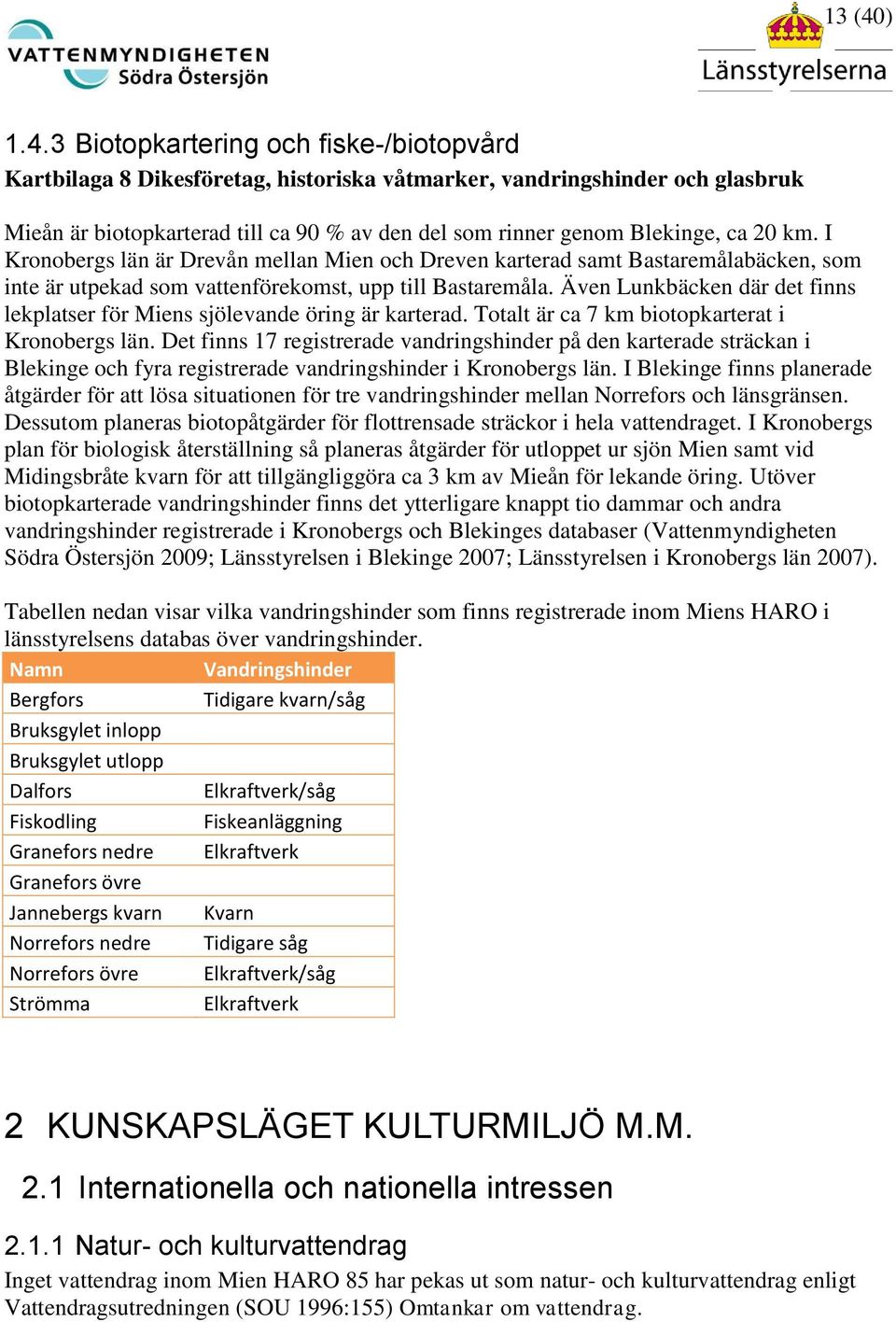 3 Biotopkartering och fiske-/biotopvård Kartbilaga 8 Dikesföretag, historiska våtmarker, vandringshinder och glasbruk Mieån är biotopkarterad till ca 90 % av den del som rinner genom Blekinge, ca 20