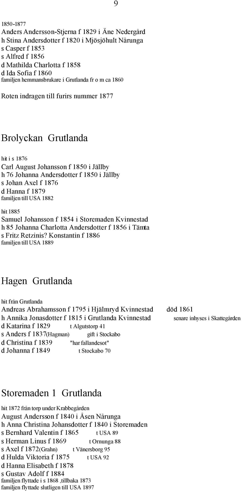 Johan Axel f 1876 d Hanna f 1879 familjen till USA 1882 hit 1885 Samuel Johansson f 1854 i Storemaden Kvinnestad h 85 Johanna Charlotta Andersdotter f 1856 i Tämta s Fritz Retzinis?