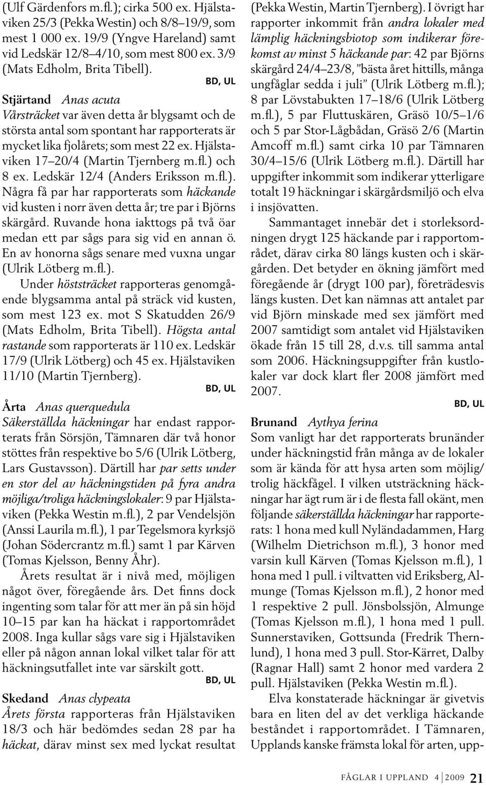 Hjälstaviken 17 20/4 (Martin Tjernberg m.fl.) och 8 ex. Ledskär 12/4 (Anders Eriksson m.fl.). Några få par har rapporterats som häckande vid kusten i norr även detta år; tre par i Björns skärgård.