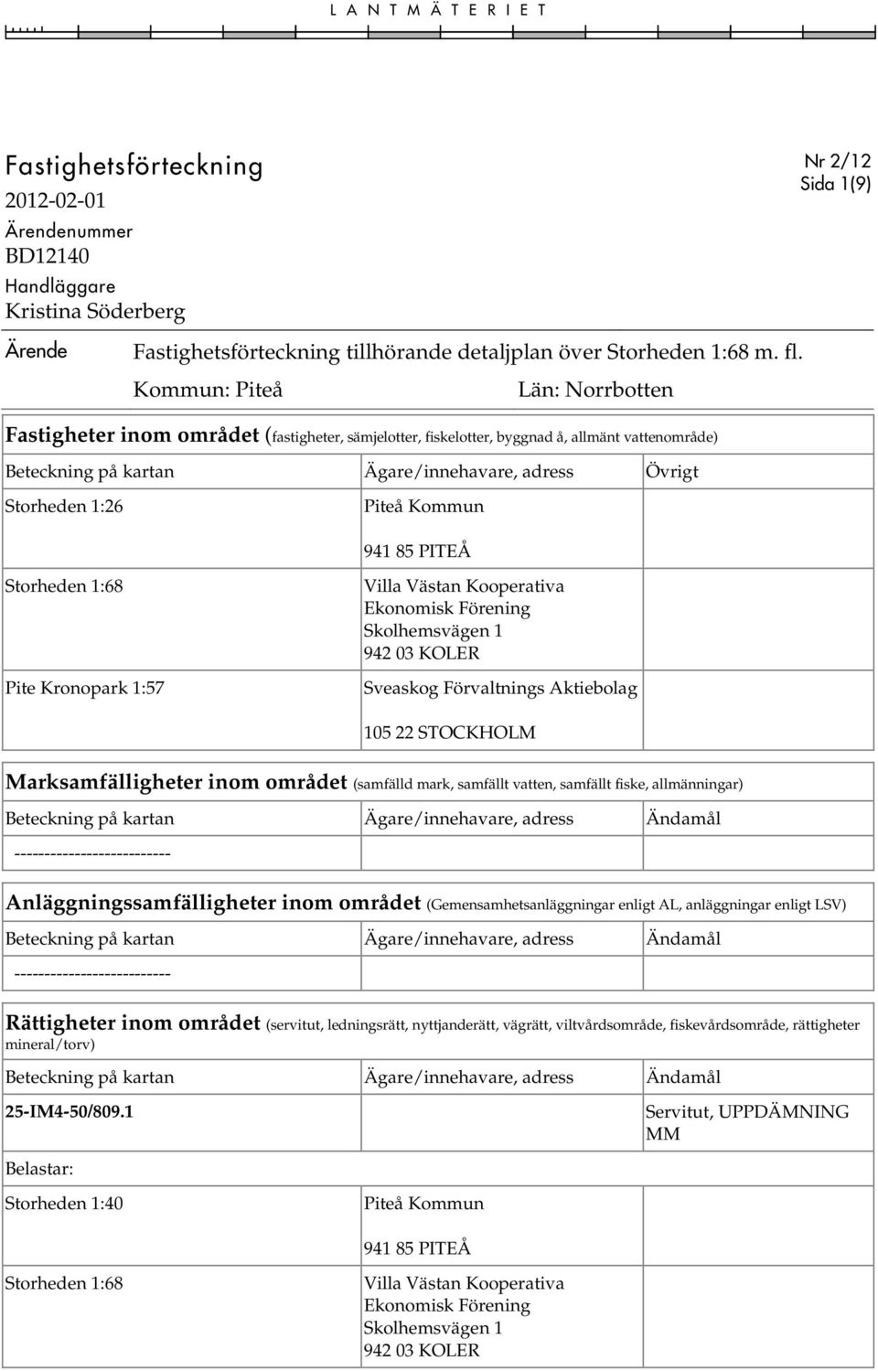 Kooperativa Ekonomisk Förening Skolhemsvägen 1 Marksamfälligheter inom området (samfälld mark, samfällt vatten, samfällt fiske, allmänningar) -------------------------- Anläggningssamfälligheter inom