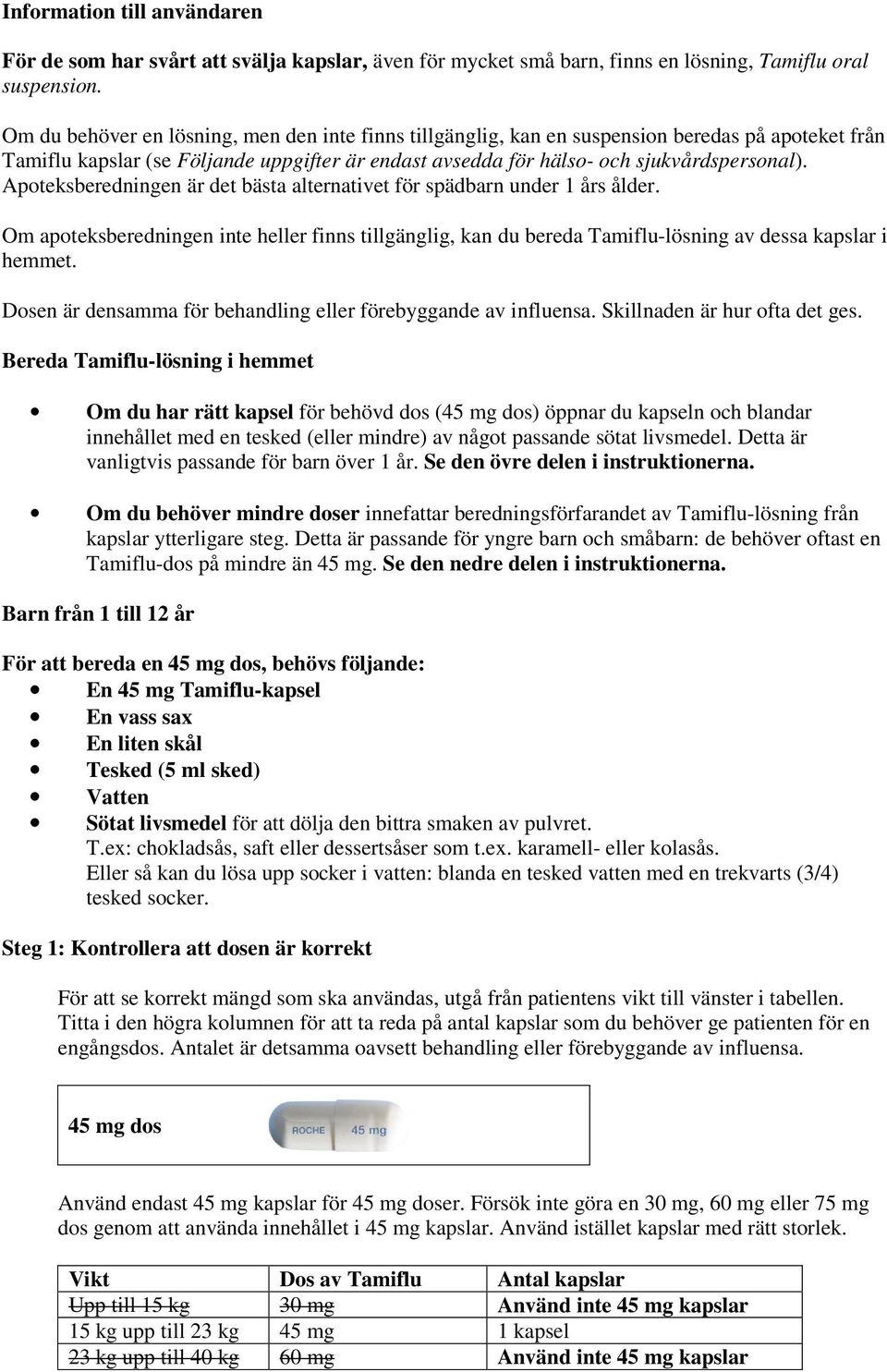 Apoteksberedningen är det bästa alternativet för spädbarn under 1 års ålder. Om apoteksberedningen inte heller finns tillgänglig, kan du bereda Tamiflu-lösning av dessa kapslar i hemmet.