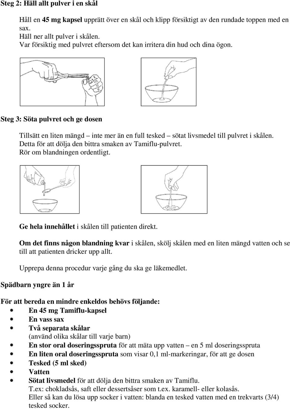 Detta för att dölja den bittra smaken av Tamiflu-pulvret. Rör om blandningen ordentligt. Ge hela innehållet i skålen till patienten direkt.