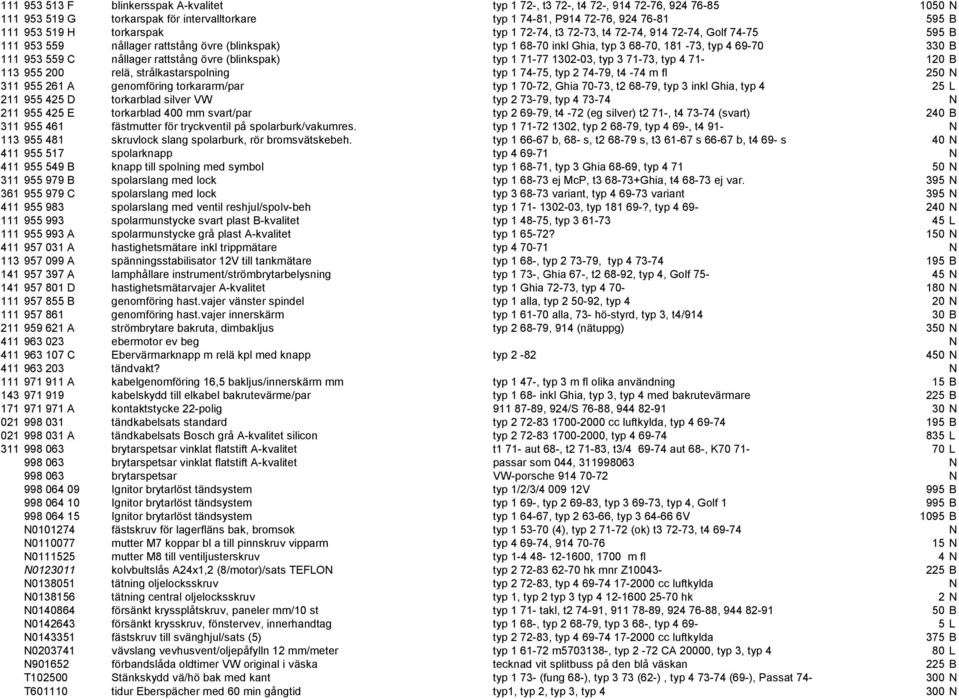 nållager rattstång övre (blinkspak) typ 1 71-77 1302-03, typ 3 71-73, typ 4 71-120 B 113 955 200 relä, strålkastarspolning typ 1 74-75, typ 2 74-79, t4-74 m fl 250 N 311 955 261 A genomföring
