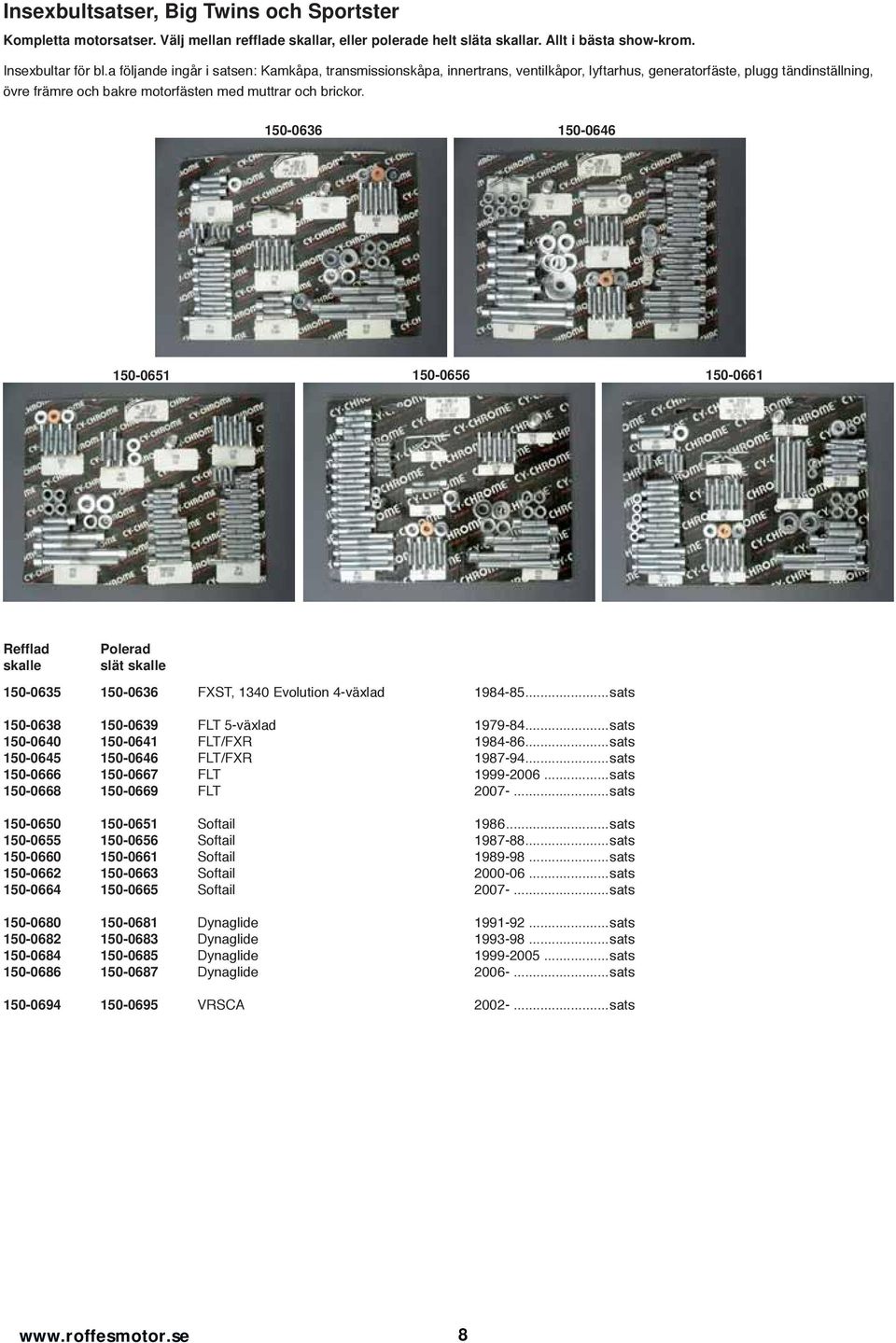 150-0636 150-0646 150-0651 150-0656 150-0661 Refflad Polerad skalle slät skalle 150-0635 150-0636 FXST, 1340 Evolution 4-växlad 1984-85...sats 150-0638 150-0639 FLT 5-växlad 1979-84.