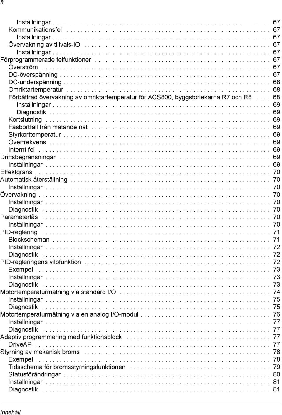 ................................................. 67 Överström................................................................. 67 DC-överspänning............................................................ 67 DC-underspänning.