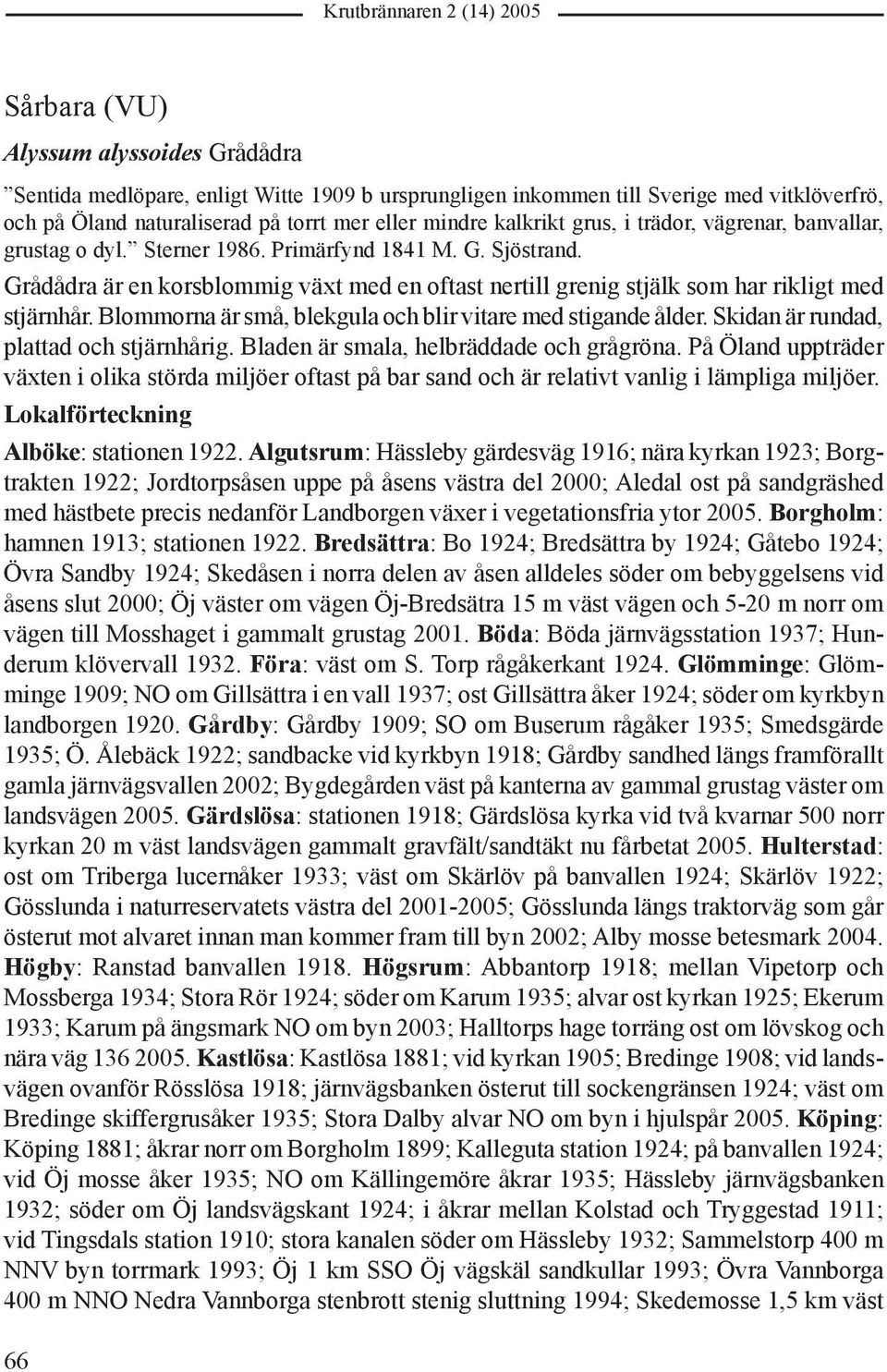 Blommorna är små, blekgula och blir vitare med stigande ålder. Skidan är rundad, plattad och stjärnhårig. Bladen är smala, helbräddade och grågröna.