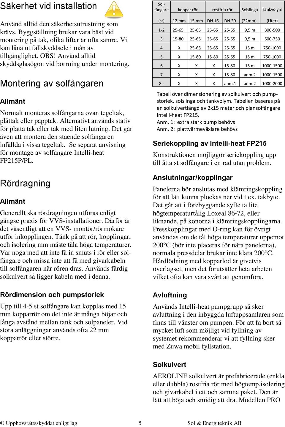 Montering av solfångaren Allmänt Normalt monteras solfångarna ovan tegeltak, plåttak eller papptak. Alternativt används stativ för platta tak eller tak med liten lutning.