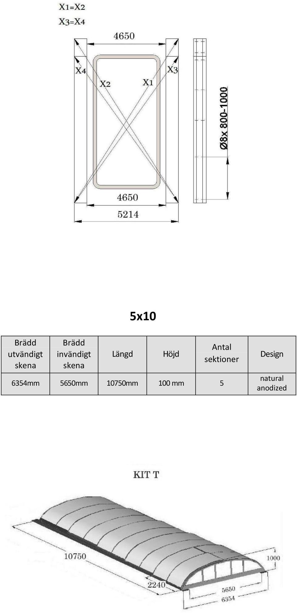 sektioner 6354mm 5650mm 10750mm