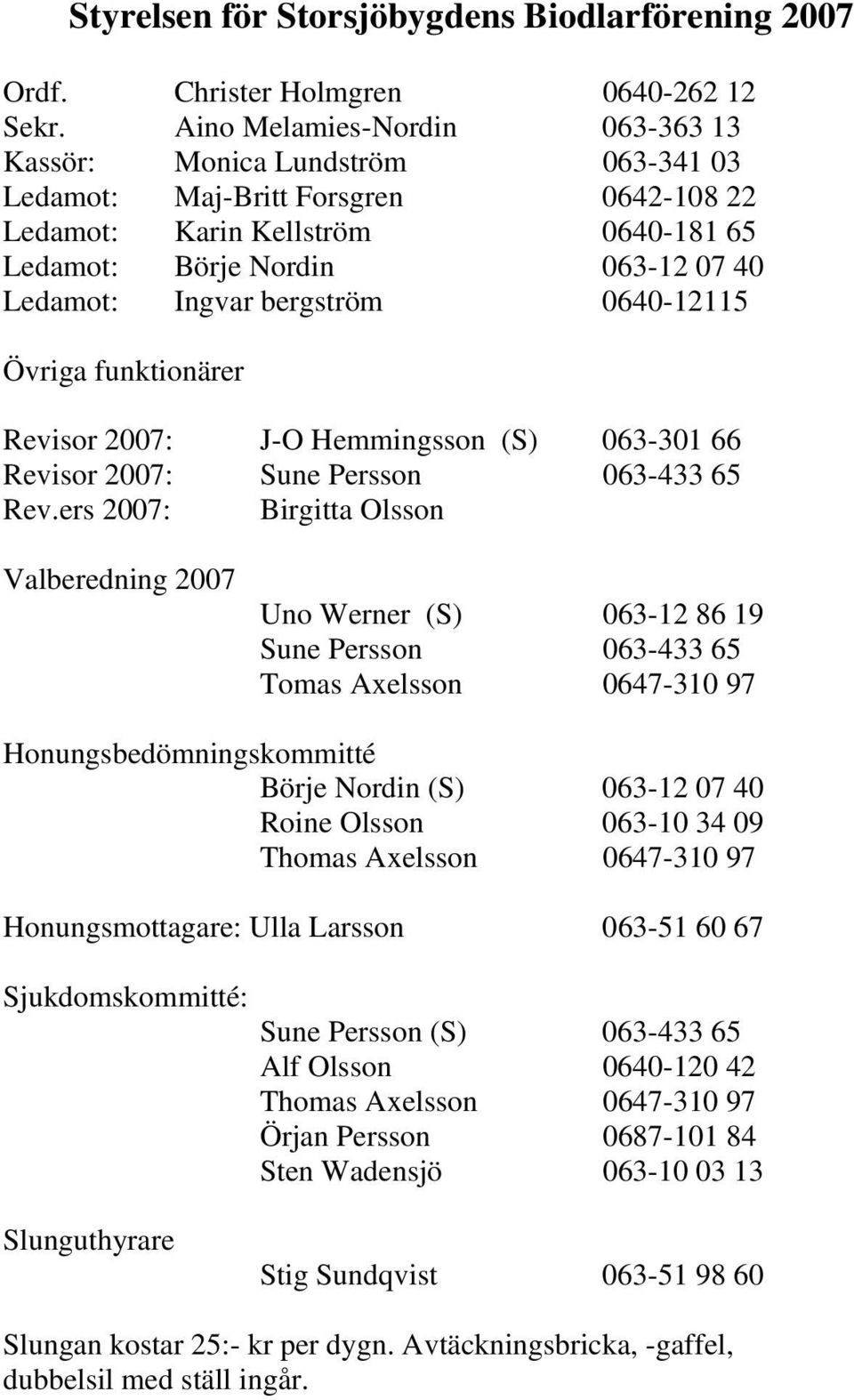 bergström 0640-12115 Övriga funktionärer Revisor 2007: J-O Hemmingsson (S) 063-301 66 Revisor 2007: Sune Persson 063-433 65 Rev.