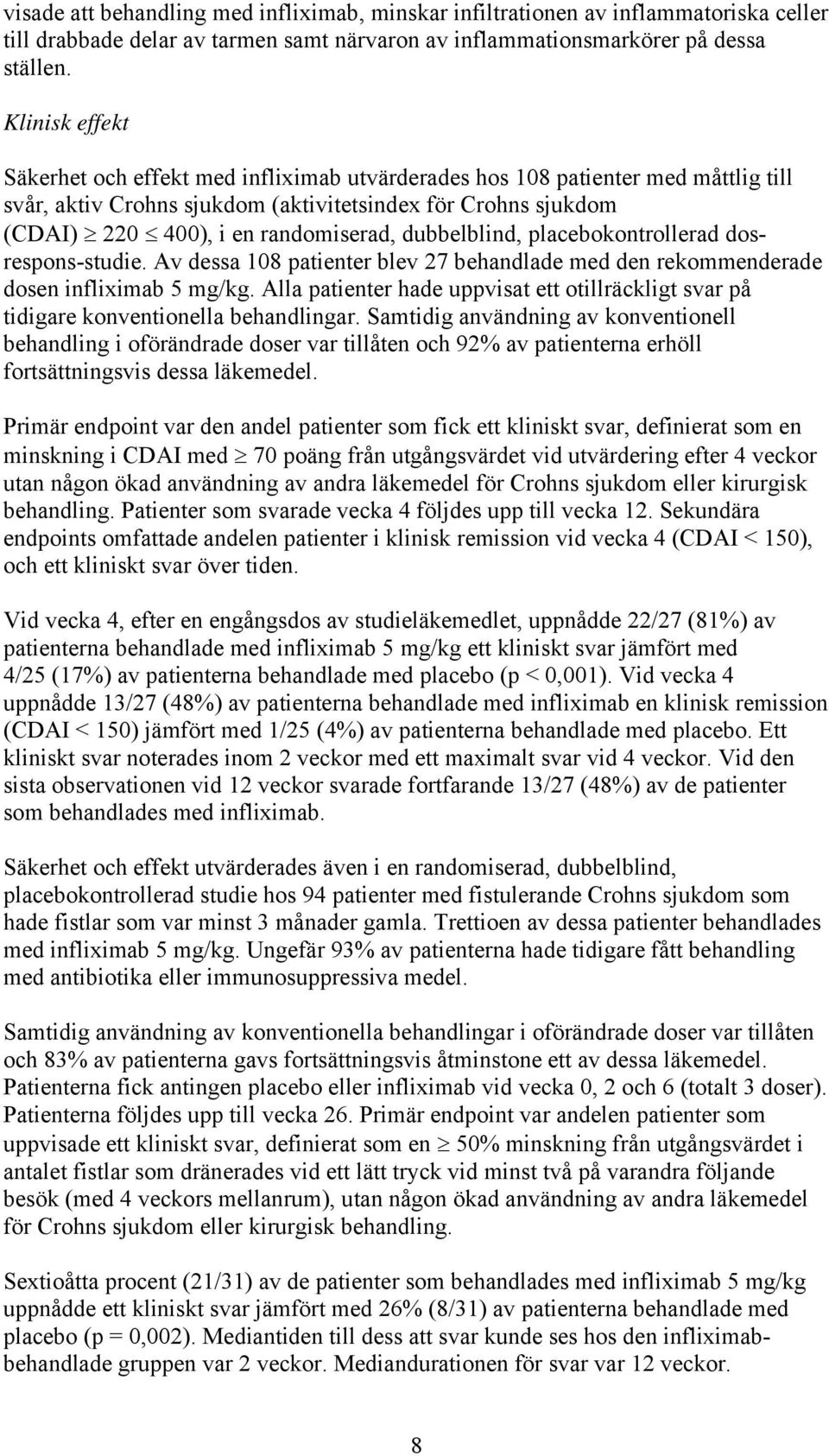 dubbelblind, placebokontrollerad dosrespons-studie. Av dessa 108 patienter blev 27 behandlade med den rekommenderade dosen infliximab 5 mg/kg.