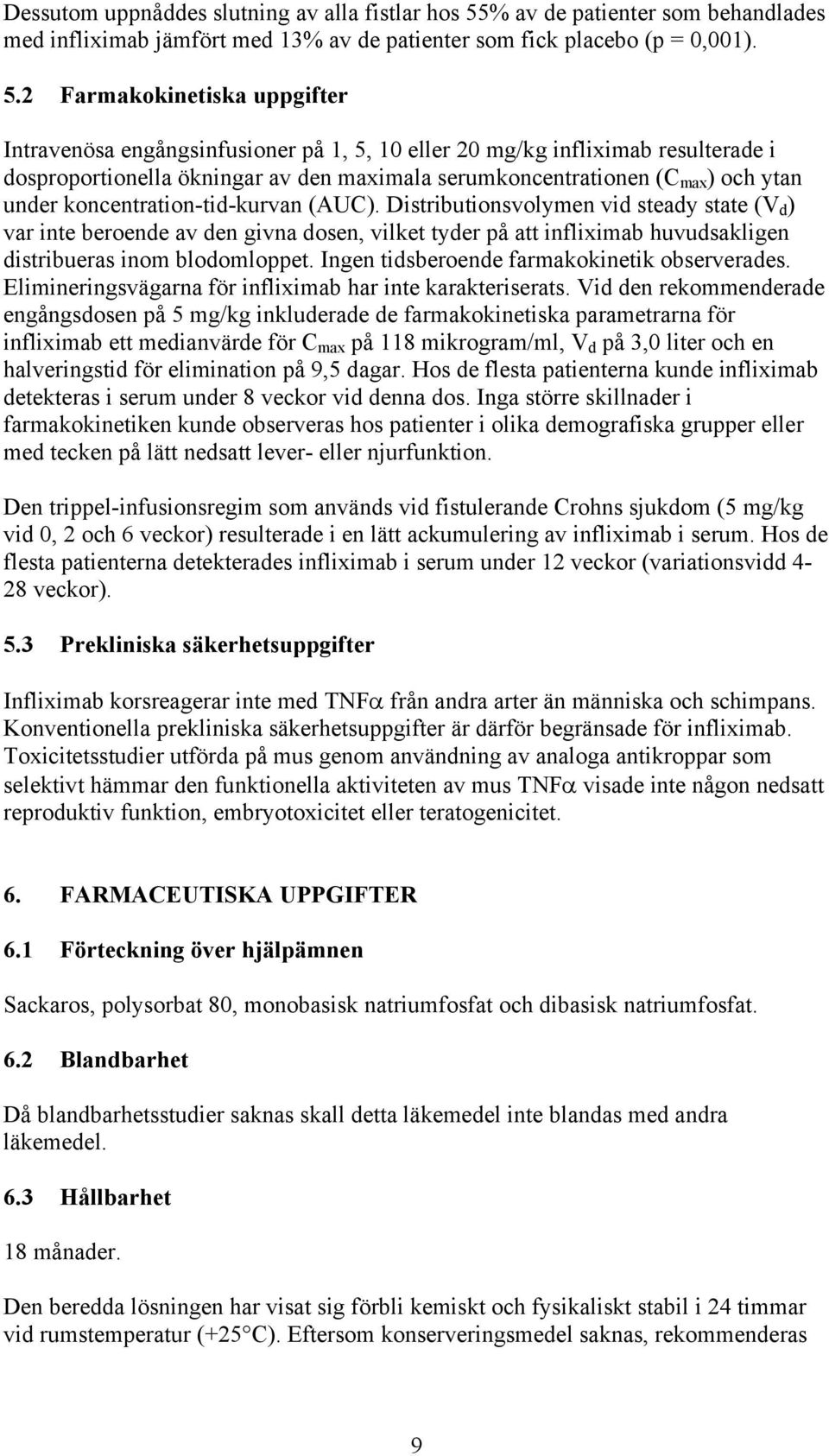 2 Farmakokinetiska uppgifter Intravenösa engångsinfusioner på 1, 5, 10 eller 20 mg/kg infliximab resulterade i dosproportionella ökningar av den maximala serumkoncentrationen (C max ) och ytan under