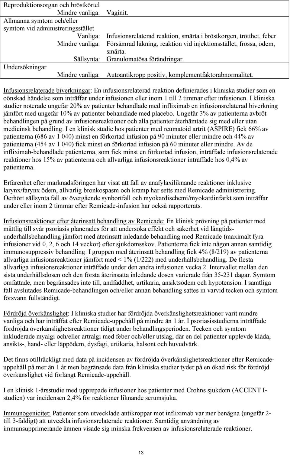 Försämrad läkning, reaktion vid injektionsstället, frossa, ödem, smärta. Granulomatösa förändringar. Mindre vanliga: Autoantikropp positiv, komplementfaktorabnormalitet.