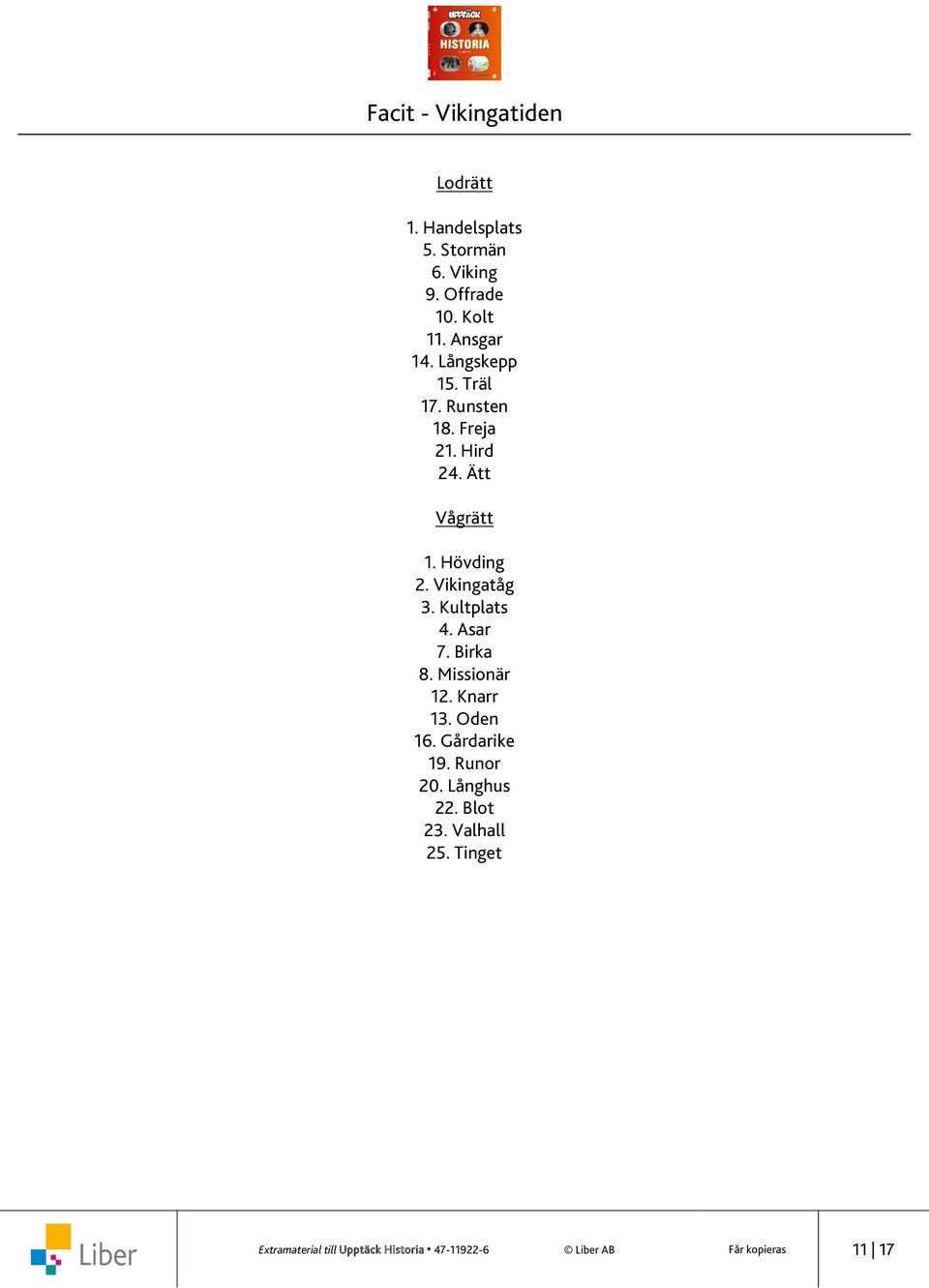 Kultplats 4. Asar 7. Birka 8. Missionär 12. Knarr 13. Oden 16. Gårdarike 19. Runor 20.