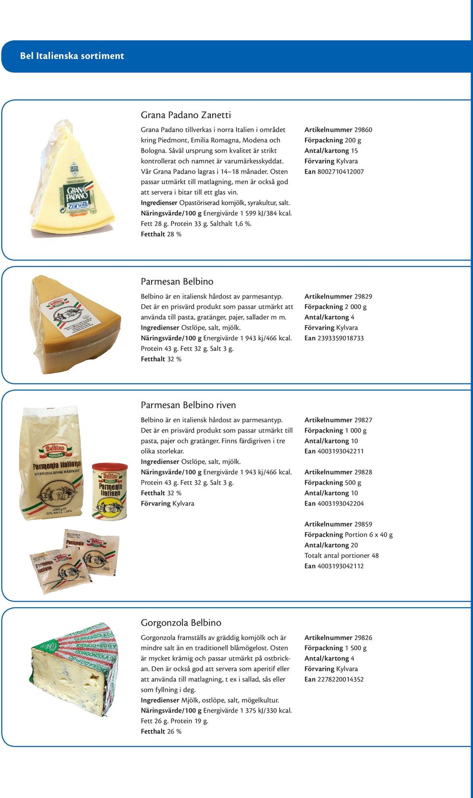 Osten passar utmärkt till matlagning, men är också god att servera i bitar till ett glas vin. Ingredienser Opastöriserad komjölk, syrakultur, salt. Näringsvärde/100 g Energivärde 1 599 kj/384 kcal.