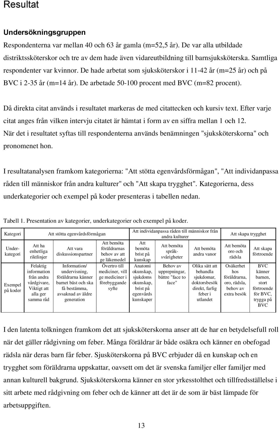 Då direkta citat används i resultatet markeras de med citattecken och kursiv text. Efter varje citat anges från vilken intervju citatet är hämtat i form av en siffra mellan 1 och 12.