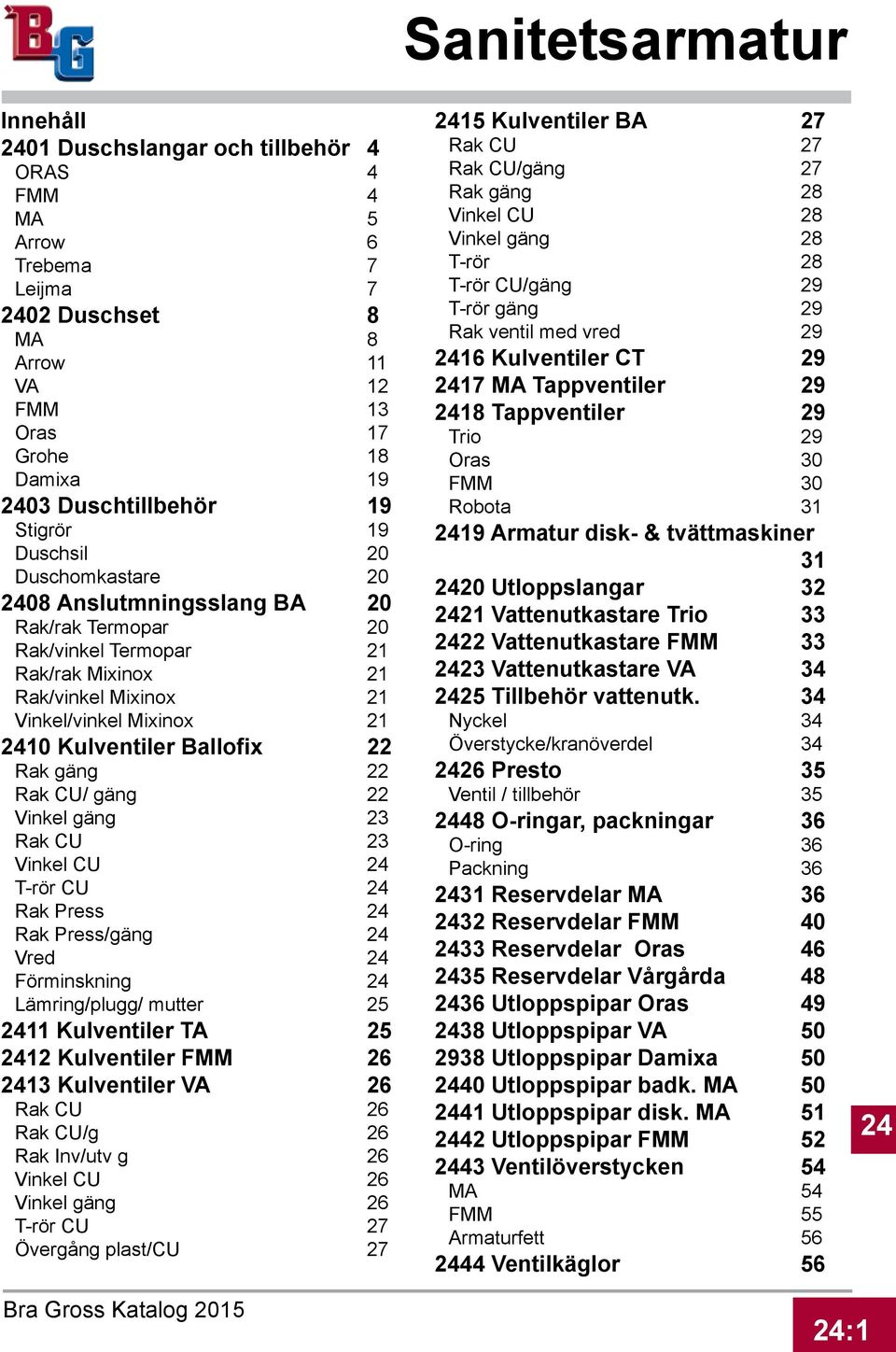 Rak CU/ gäng 22 Vinkel gäng 23 Rak CU 23 Vinkel CU 24 T-rör CU 24 Rak Press 24 Rak Press/gäng 24 Vred 24 Förminskning 24 Lämring/plugg/ mutter 25 2411 Kulventiler TA 25 2412 Kulventiler FMM 26 2413