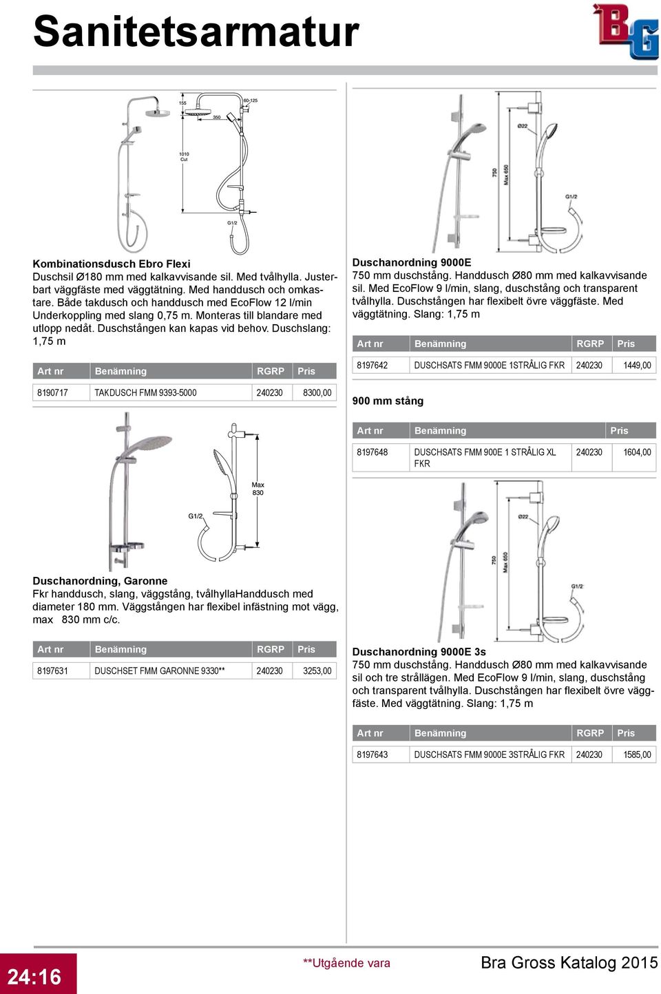 Duschslang: 1,75 m 8190717 TAKDUSCH FMM 9393-5000 240230 8300,00 Duschanordning 9000E 750 mm duschstång. Handdusch Ø80 mm med kalkavvisande sil.