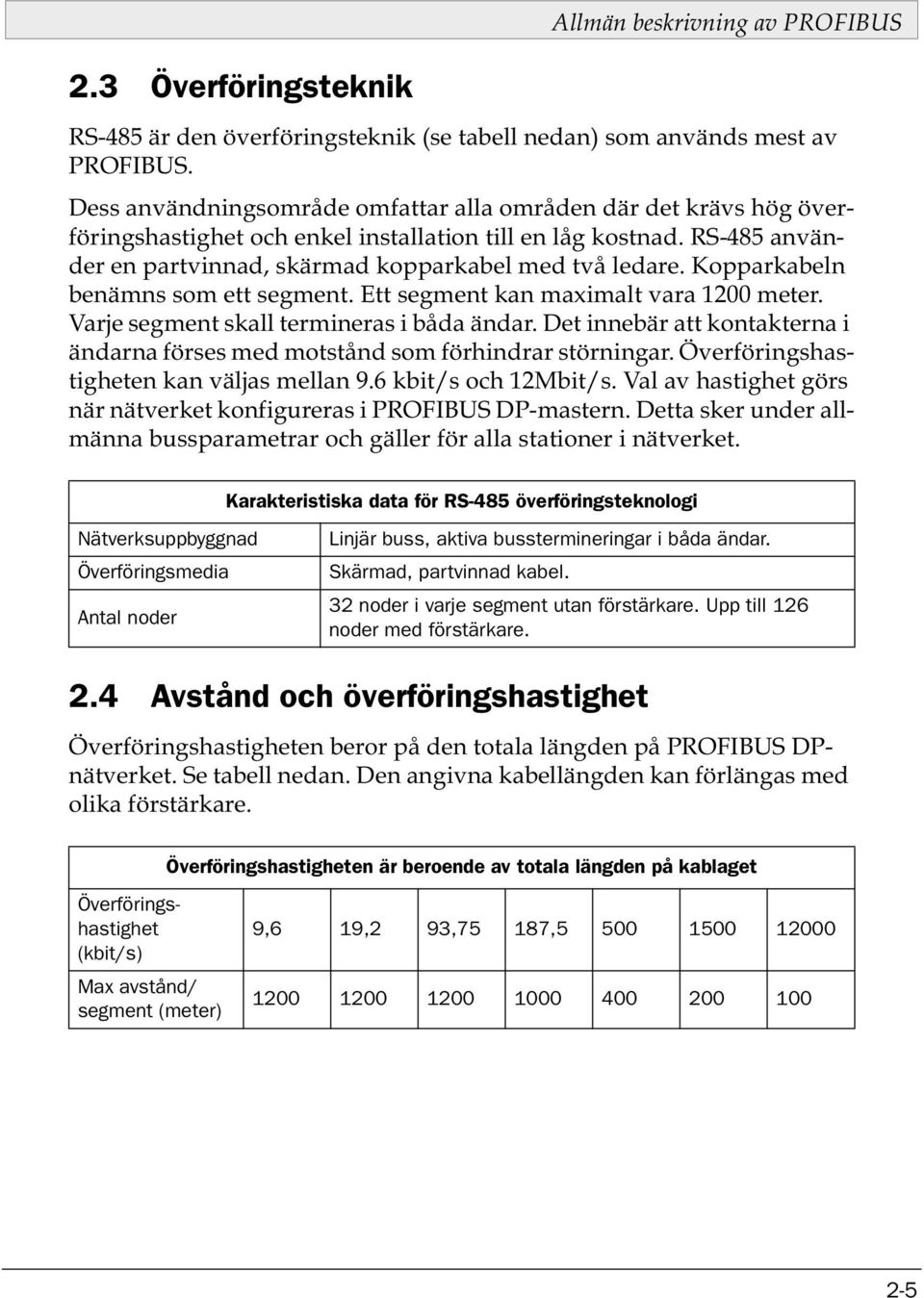 Kopparkabeln benämns som ett segment. Ett segment kan maximalt vara 1200 meter. Varje segment skall termineras i båda ändar.