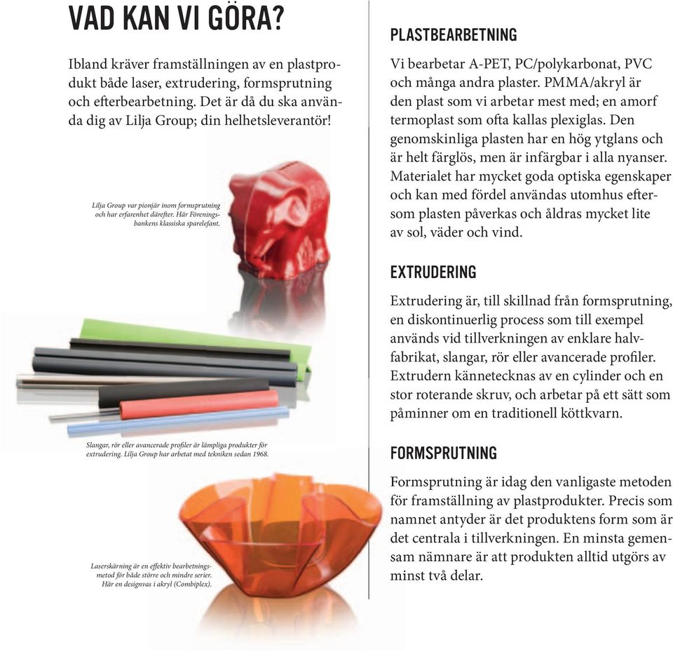 PMMA/akryl är den plast som vi arbetar mest med; en amorf termoplast som ofta kallas plexiglas. Den genomskinliga plasten har en hög ytglans och är helt färglös, men är infärgbar i alla nyanser.
