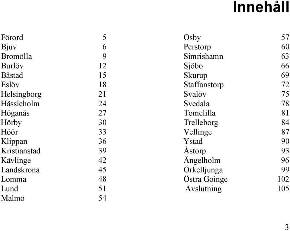 Osby 57 Perstorp 60 Simrishamn 63 Sjöbo 66 Skurup 69 Staffanstorp 72 Svalöv 75 Svedala 78 Tomelilla 81