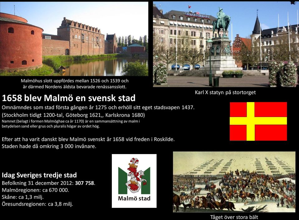 (Stockholm tidigt 1200-tal, Göteborg 1621,, Karlskrona 1680) Namnet (belagt i formen Malmöghae ca år 1170) är en sammansättning av malm i betydelsen sand eller grus och pluralis