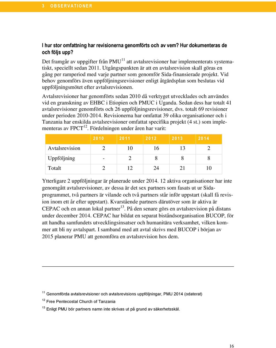 Utgångspunkten är att en avtalsrevision skall göras en gång per ramperiod med varje partner som genomför Sida-finansierade projekt.