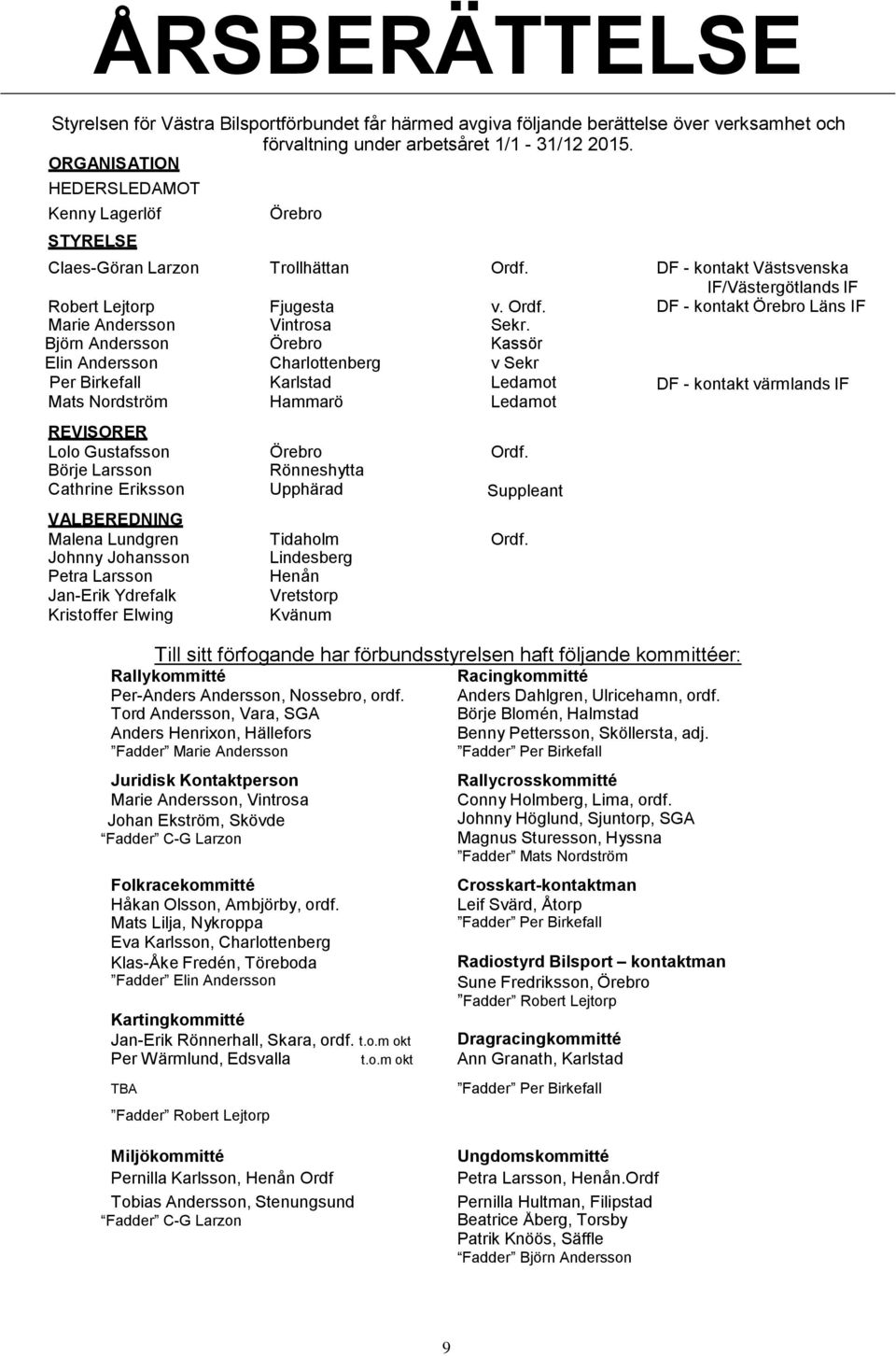 Örebro Charlottenberg Karlstad Hammarö Ordf. v. Ordf. Sekr. Kassör v Sekr Ledamot Ledamot REVISORER Lolo Gustafsson Örebro Ordf.