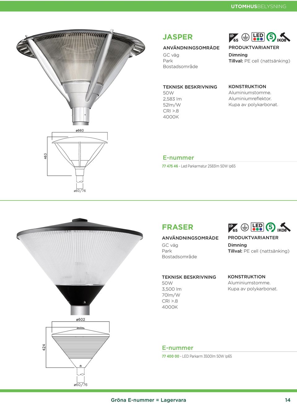 77 475 46 - Led Parkarmatur 2583lm 50W Ip65 FRASER 5 3 53 GC väg Park Bostadsområde Dimning Tillval: PE