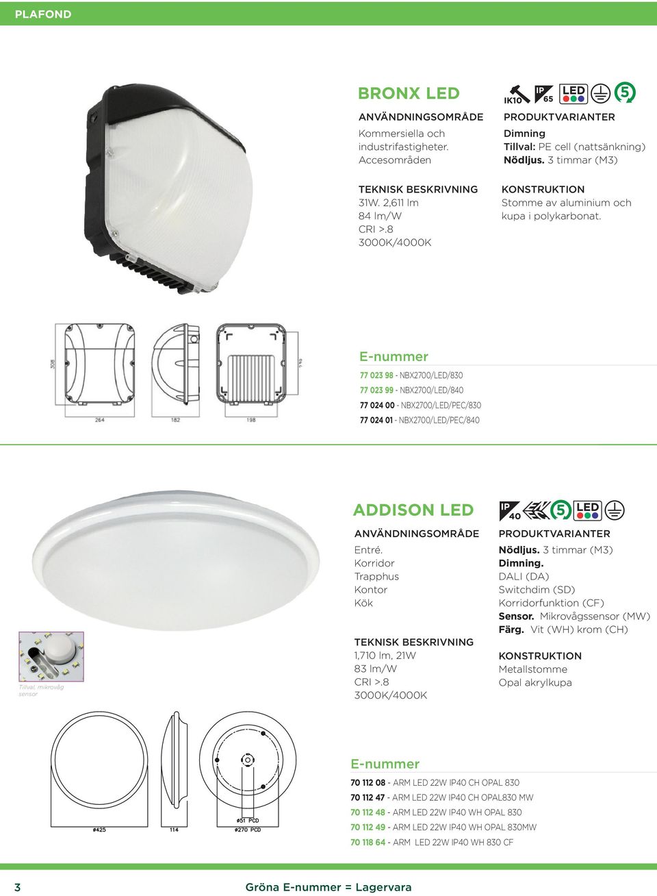 Korridor Trapphus Kontor Kök 1,710 lm, 21W 83 lm/w Nödljus. 3 timmar (M3) Dimning. DALI (DA) Switchdim (SD) Korridorfunktion (CF) Sensor. Mikrovågssensor (MW) Färg.