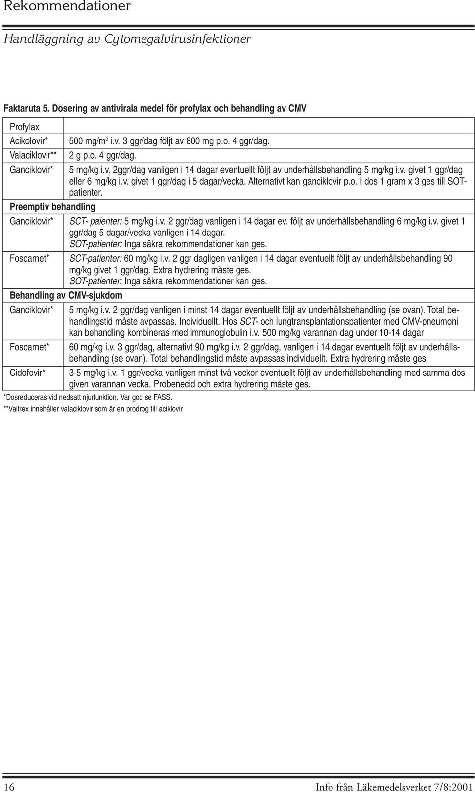 Alternativt kan ganciklovir p.o. i dos 1 gram x 3 ges till SOTpatienter. Preemptiv behandling Ganciklovir* SCT- paienter: 5 mg/kg i.v. 2 ggr/dag vanligen i 14 dagar ev.