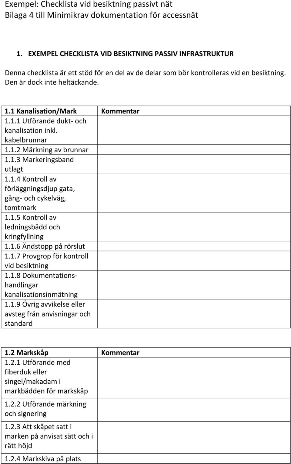 1 Kanalisation/Mark Kommentar 1.1.1 Utförande dukt- och kanalisation inkl. kabelbrunnar 1.1.2 Märkning av brunnar 1.1.3 Markeringsband utlagt 1.1.4 Kontroll av förläggningsdjup gata, gång- och cykelväg, tomtmark 1.