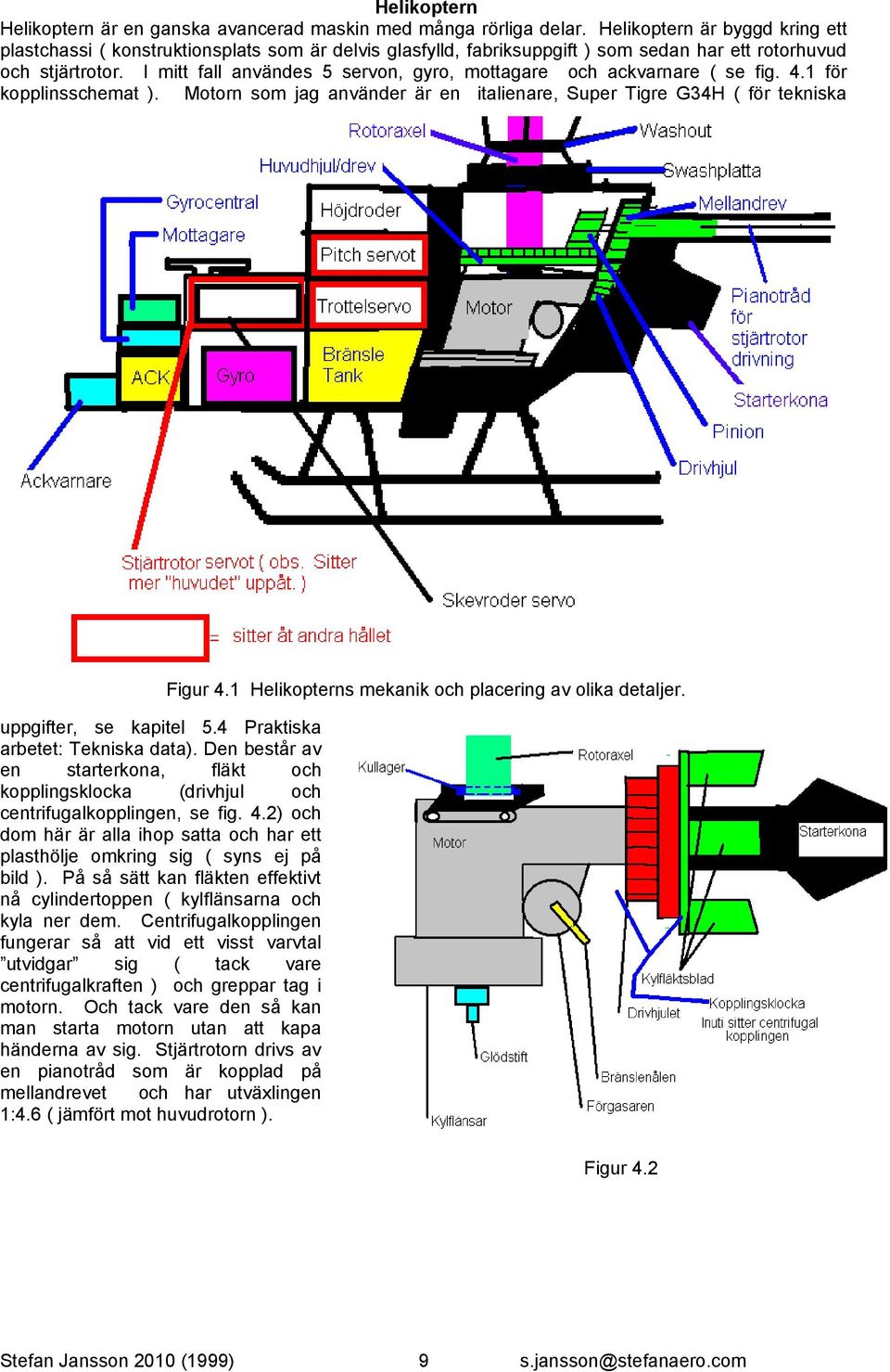 I mitt fall användes 5 servon, gyro, mottagare och ackvarnare ( se fig. 4.1 för kopplinsschemat ). Motorn som jag använder är en italienare, Super Tigre G34H ( för tekniska Figur 4.