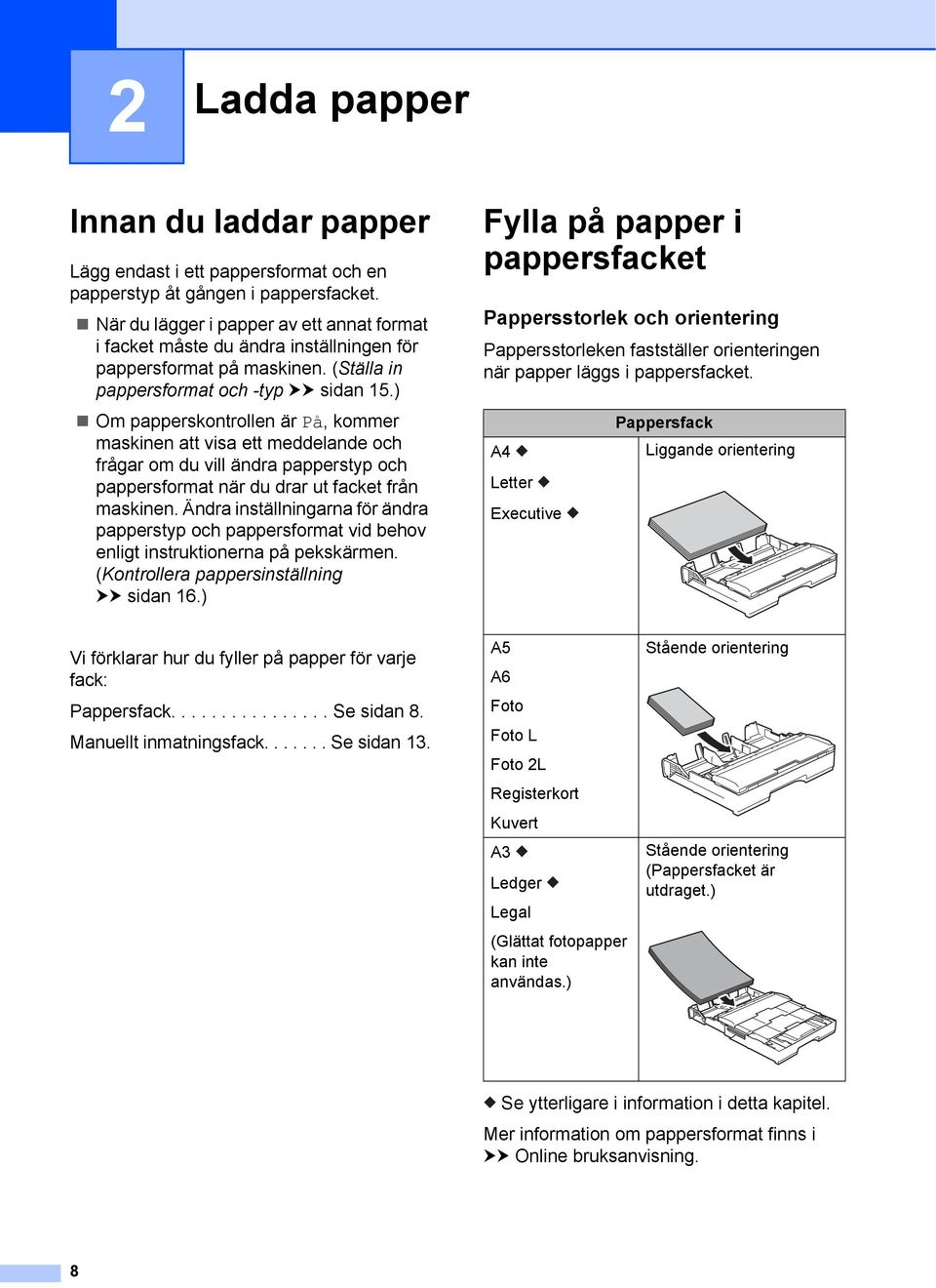 ) Om papperskontrollen är På, kommer maskinen att visa ett meddelande och frågar om du vill ändra papperstyp och pappersformat när du drar ut facket från maskinen.