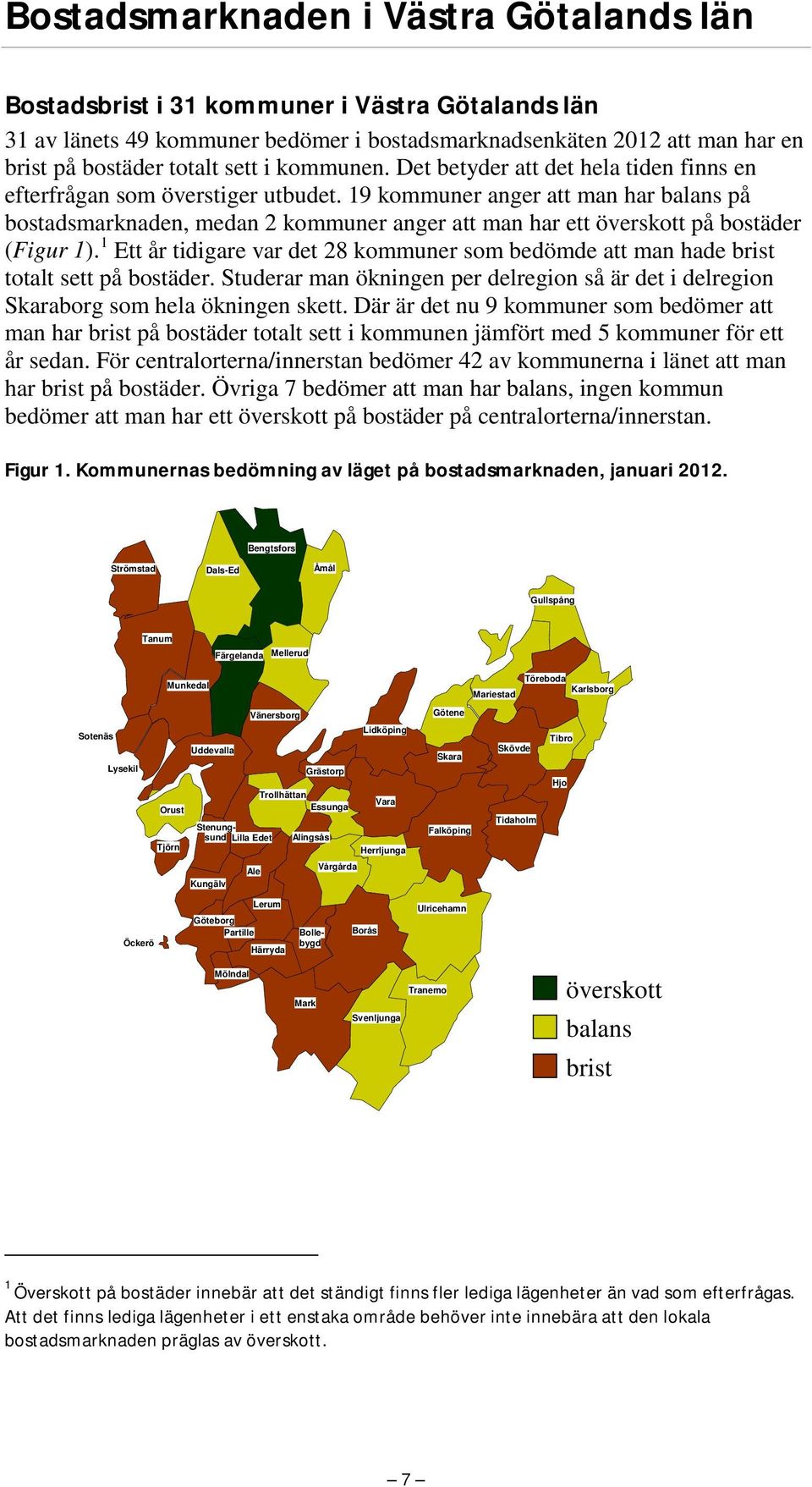 19 kommuner anger att man har balans på bostadsmarknaden, medan 2 kommuner anger att man har ett överskott på bostäder (Figur 1).