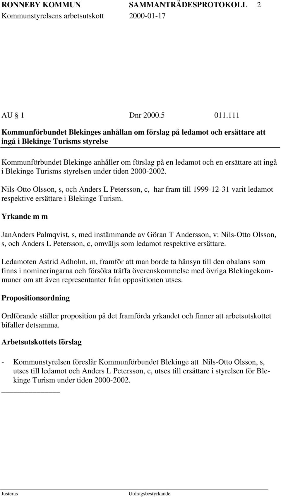 Blekinge Turisms styrelsen under tiden 2000-2002. Nils-Otto Olsson, s, och Anders L Petersson, c, har fram till 1999-12-31 varit ledamot respektive ersättare i Blekinge Turism.