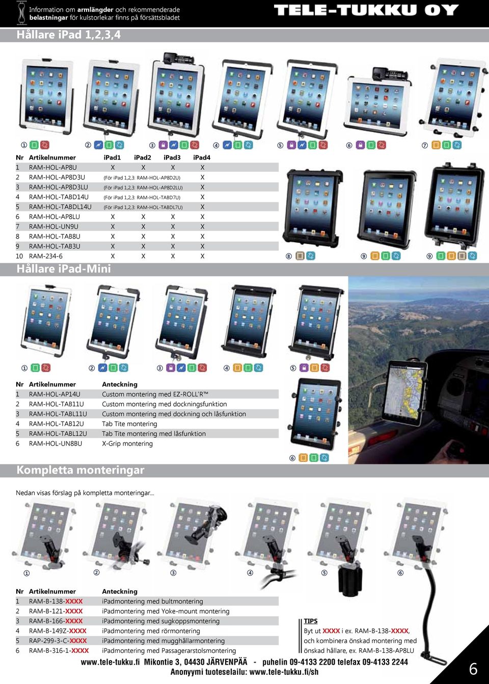 X 6 RAM-HOL-AP8LU X X X X 7 RAM-HOL-UN9U X X X X 8 RAM-HOL-TAB8U X X X X 9 RAM-HOL-TAB3U X X X X 0 RAM-234-6 X X X X Hållare ipad-mini 8 9 9 2 3 4 5 Nr Artikelnummer Anteckning RAM-HOL-AP4U Custom