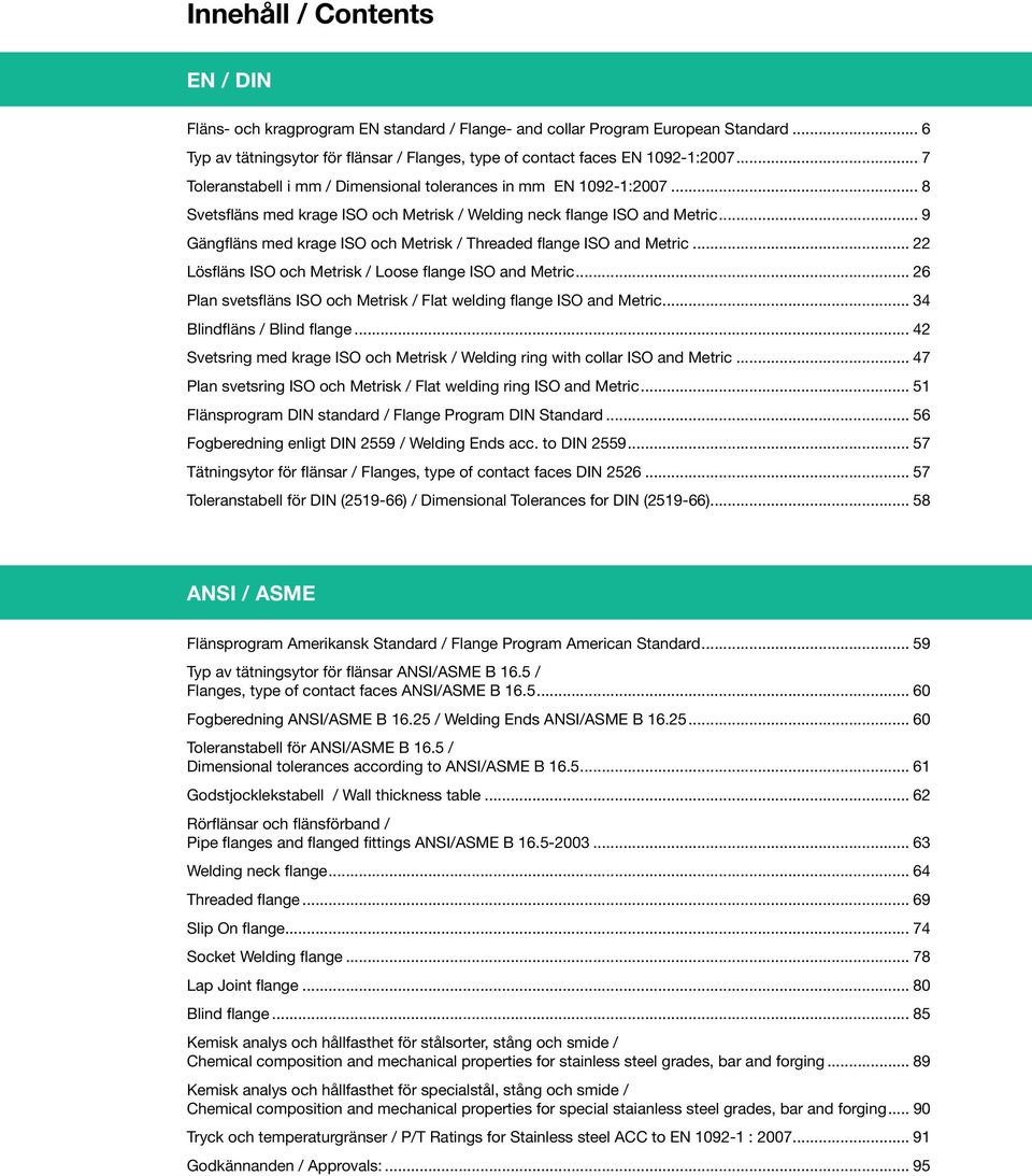 .. 9 Gängfläns med krage ISO och Metrisk / Threaded flange ISO and Metric... 22 Lösfläns ISO och Metrisk / Loose flange ISO and Metric.