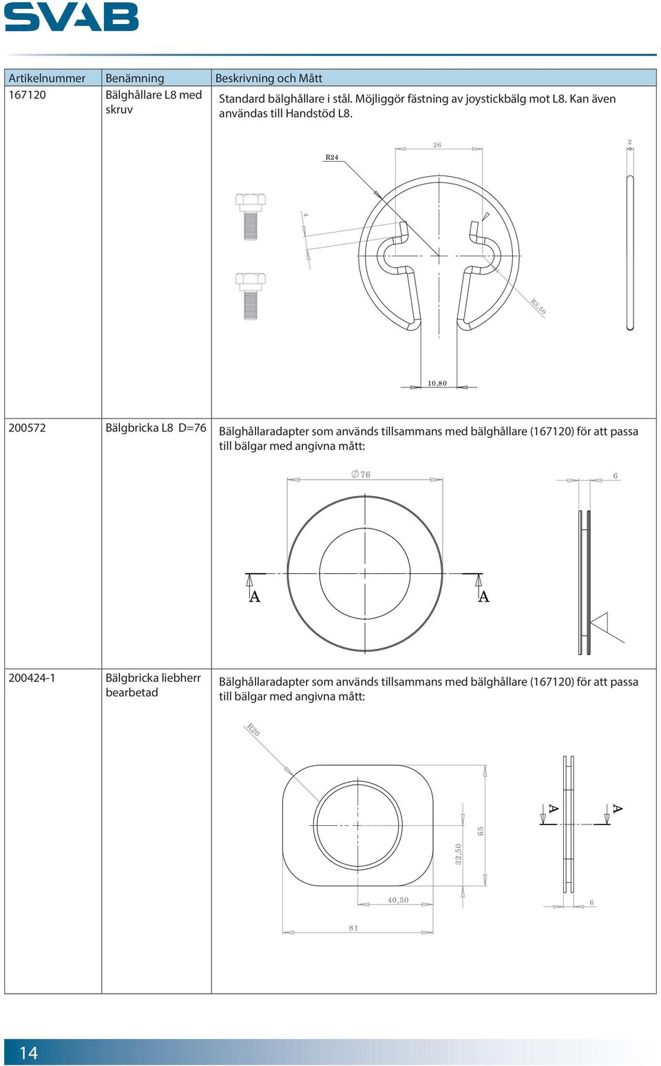 R24 26 2 R3,50 10,80 200572 Bälgbricka L8 D=76 Bälghållaradapter som används tillsammans med bälghållare (167120) för att passa till