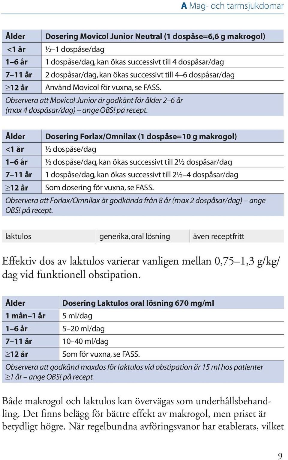 Ålder Dosering Forlax/Omnilax (1 dospåse=10 g makrogol) <1 år ½ dospåse/dag 1 6 år ½ dospåse/dag, kan ökas successivt till 2½ dospåsar/dag 7 11 år 1 dospåse/dag, kan ökas successivt till 2½ 4