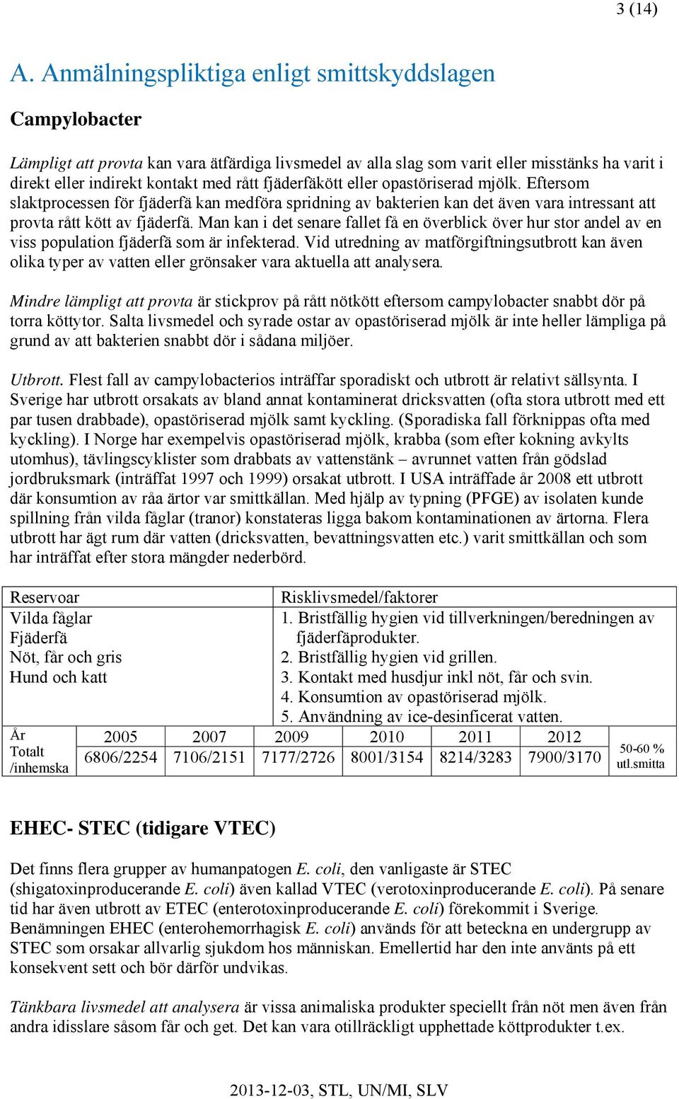 fjäderfäkött eller opastöriserad mjölk. Eftersom slaktprocessen för fjäderfä kan medföra spridning av bakterien kan det även vara intressant att provta rått kött av fjäderfä.