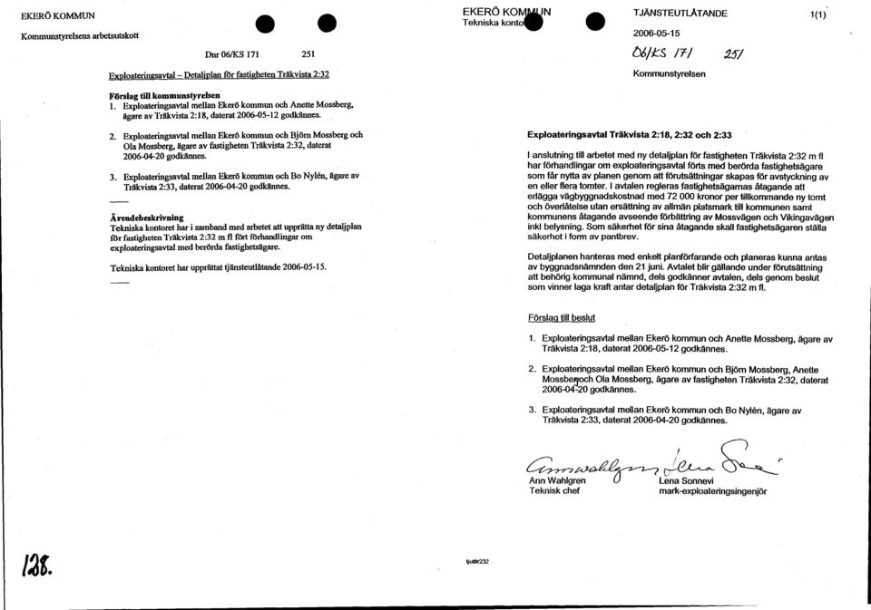 18, daterat 2006-05-12 godkännes. 2. Exploateringsavtal mellan Ekerö kommun och Björn Mossberg och Ola Mossberg, ägare av fastigheten Träkvista 2:32, daterat 2006-04-20 godkännes. 3.