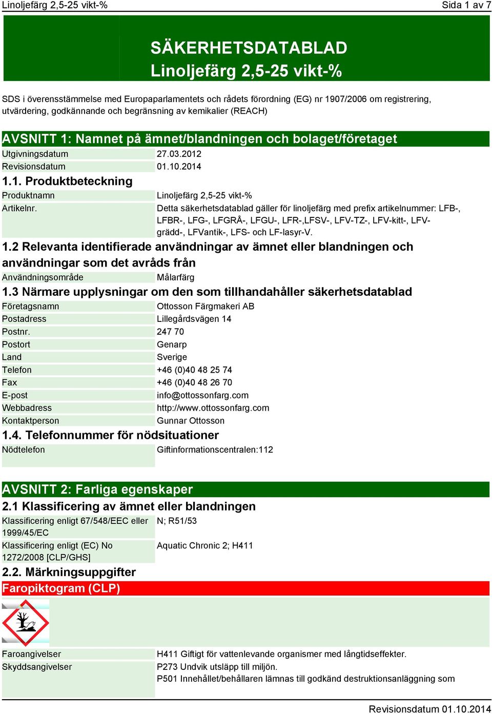 Linoljefärg 2,5-25 vikt-% Detta säkerhetsdatablad gäller för linoljefärg med prefix artikelnummer: LFB-, LFBR-, LFG-, LFGRÅ-, LFGU-, LFR-,LFSV-, LFV-TZ-, LFV-kitt-, LFVgrädd-, LFVantik-, LFS- och