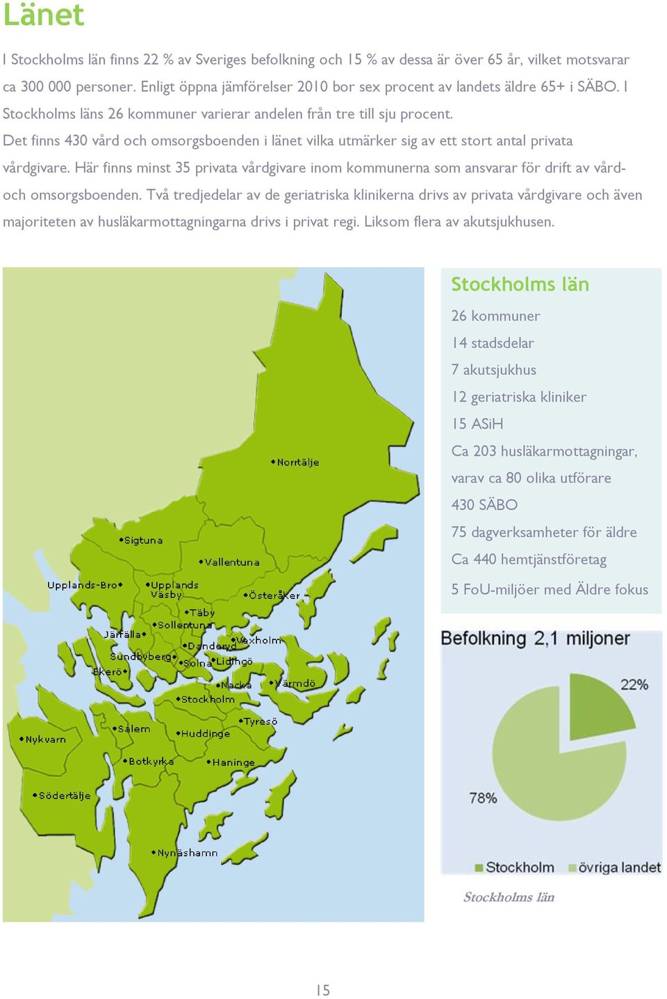 Det finns 430 vård och omsorgsboenden i länet vilka utmärker sig av ett stort antal privata vårdgivare.