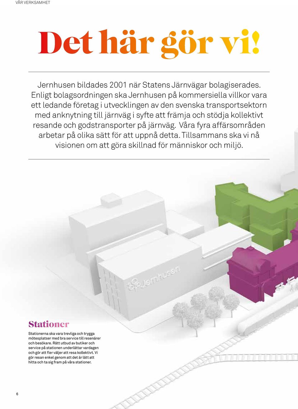 kollektivt resande och godstransporter på järnväg. Våra fyra affärsområden arbetar på olika sätt för att uppnå detta. Tillsammans ska vi nå visionen om att göra skillnad för människor och miljö.